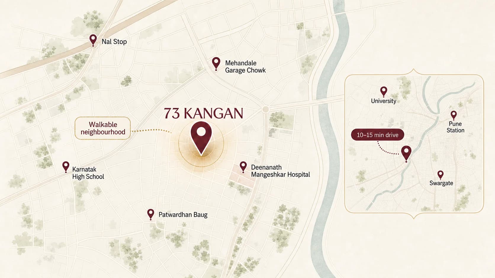 Illustrated neighbourhood map locating 73 Kangan in Erandwane, Pune