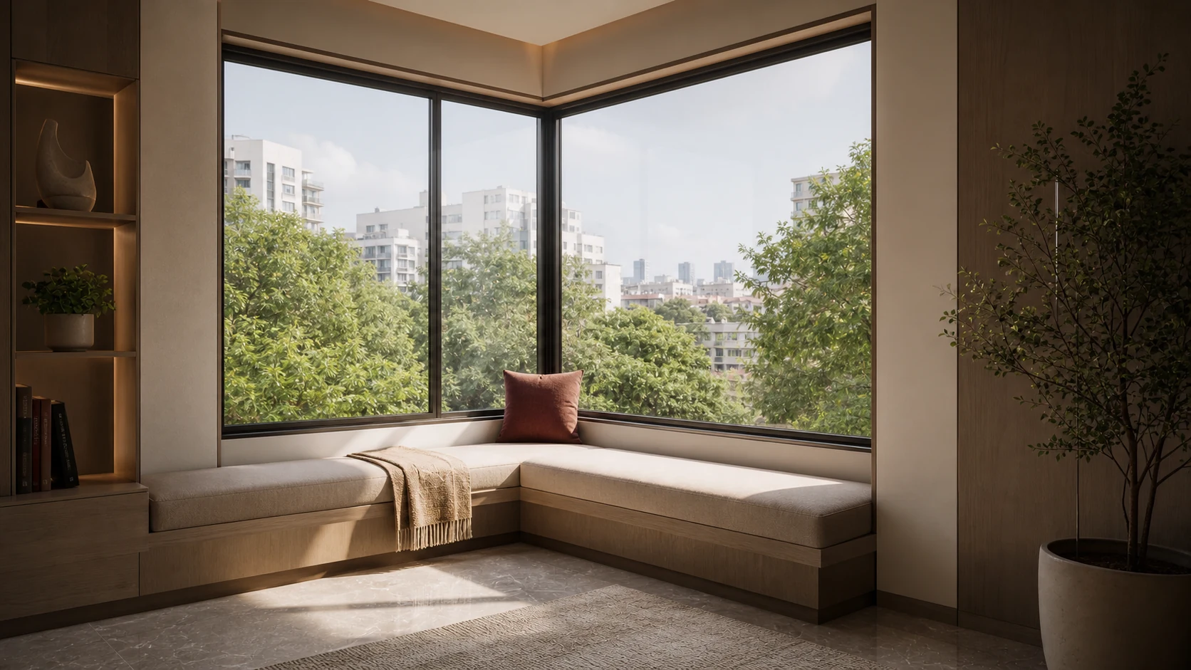Corner Window Seat: Corner window seating brings in light and open views.